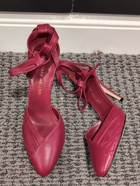Red Leather D'Orsay Ankle Wrap Pumps